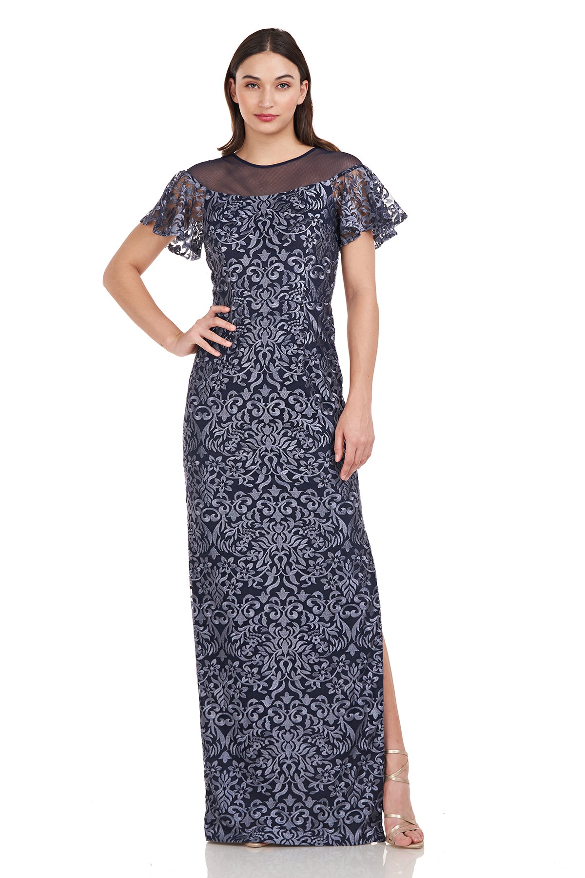 JS Collections Women's Celestina Column Gown - Embroidered Mesh With Flutter Sleeves & Side Slit