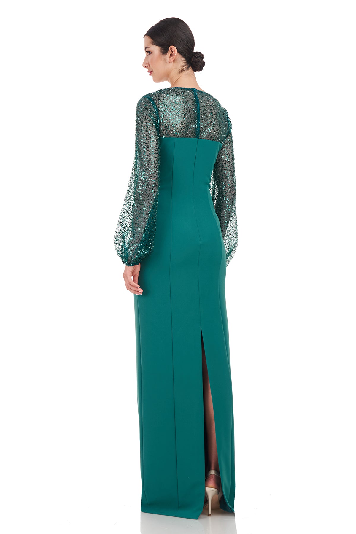 JS collections beaded sleeve crepe on sale gown