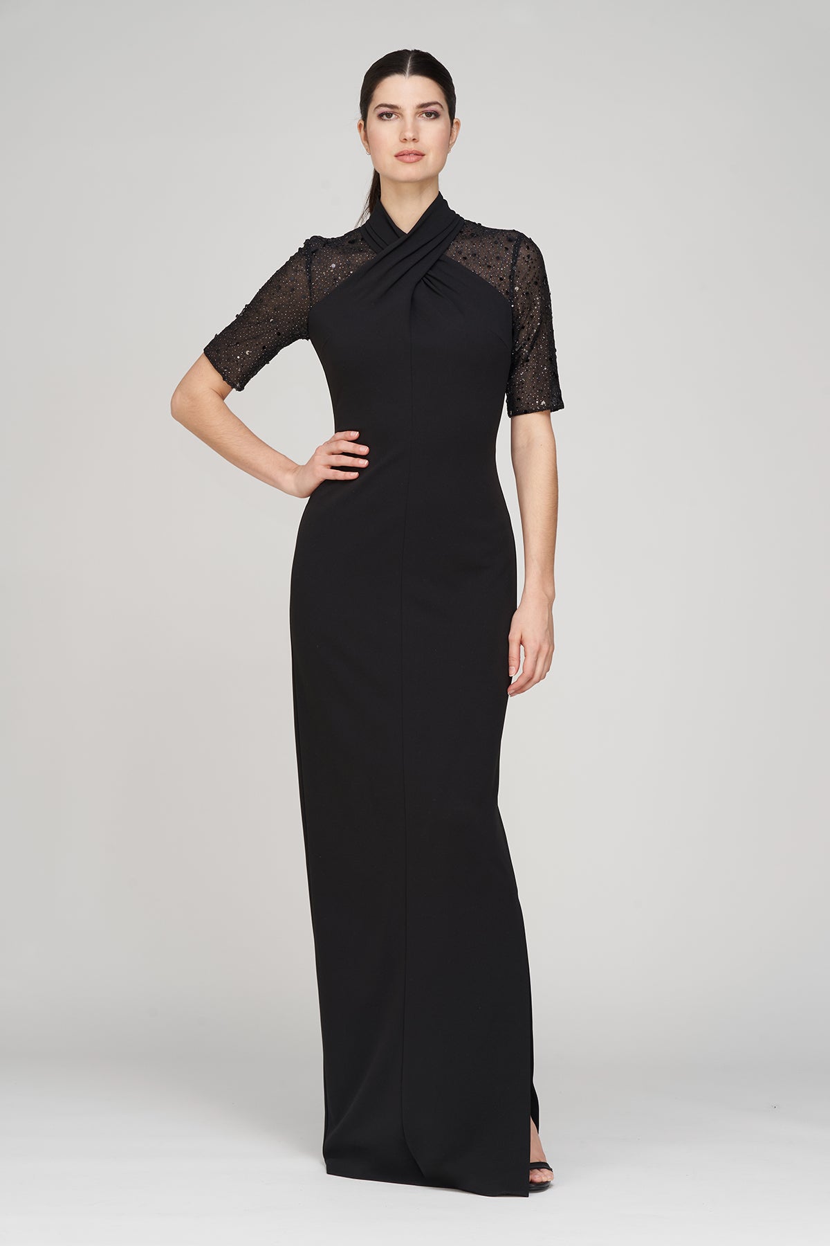js collections black dress JS Collections Black Off Shoulder Mermaid Gown Nude Illusion Waist Dress Small