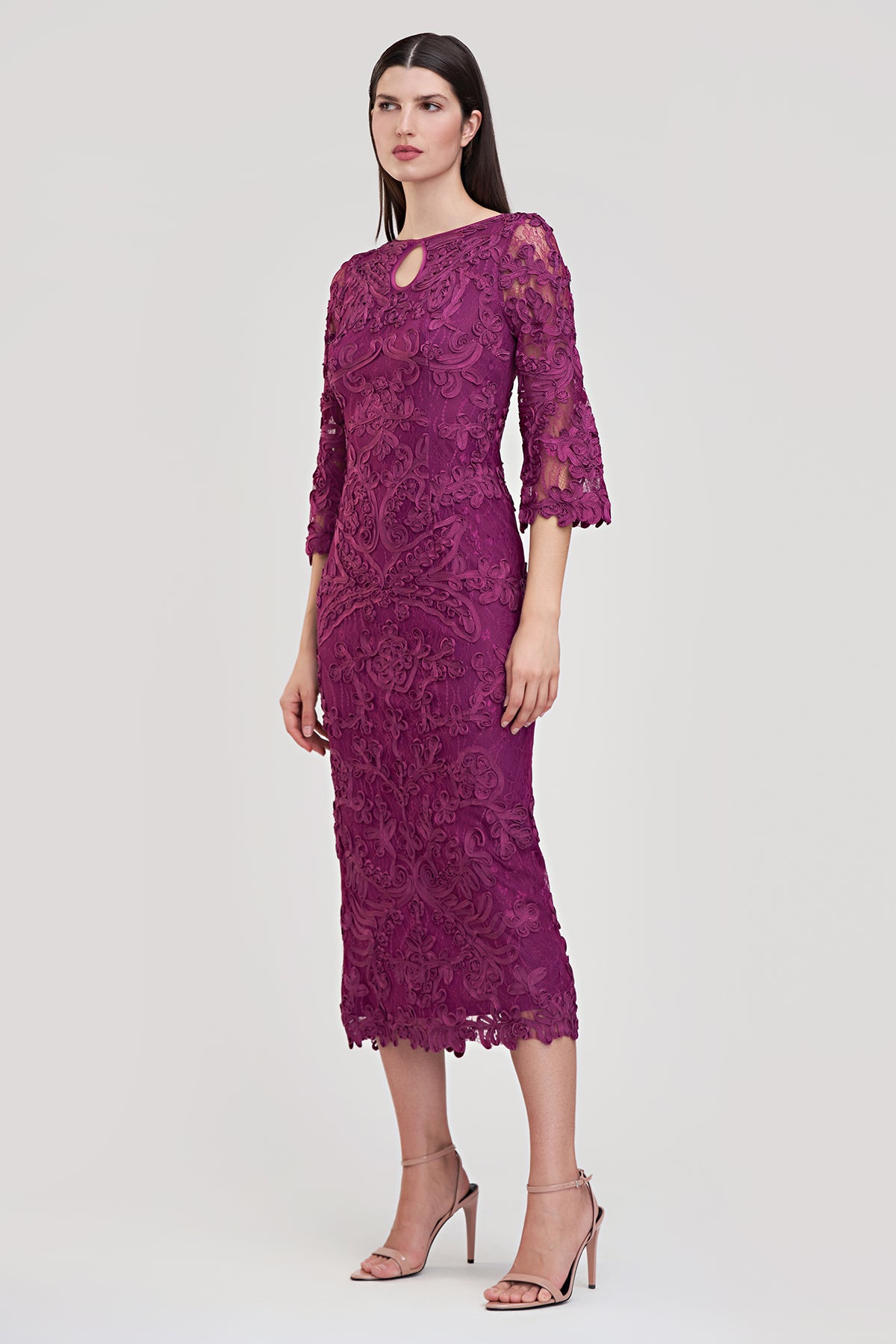 js collections soutache lace midi dress JS Collections Violette Soutache Mesh 3/4 Sleeve Square Neck Sheath Midi  Dress