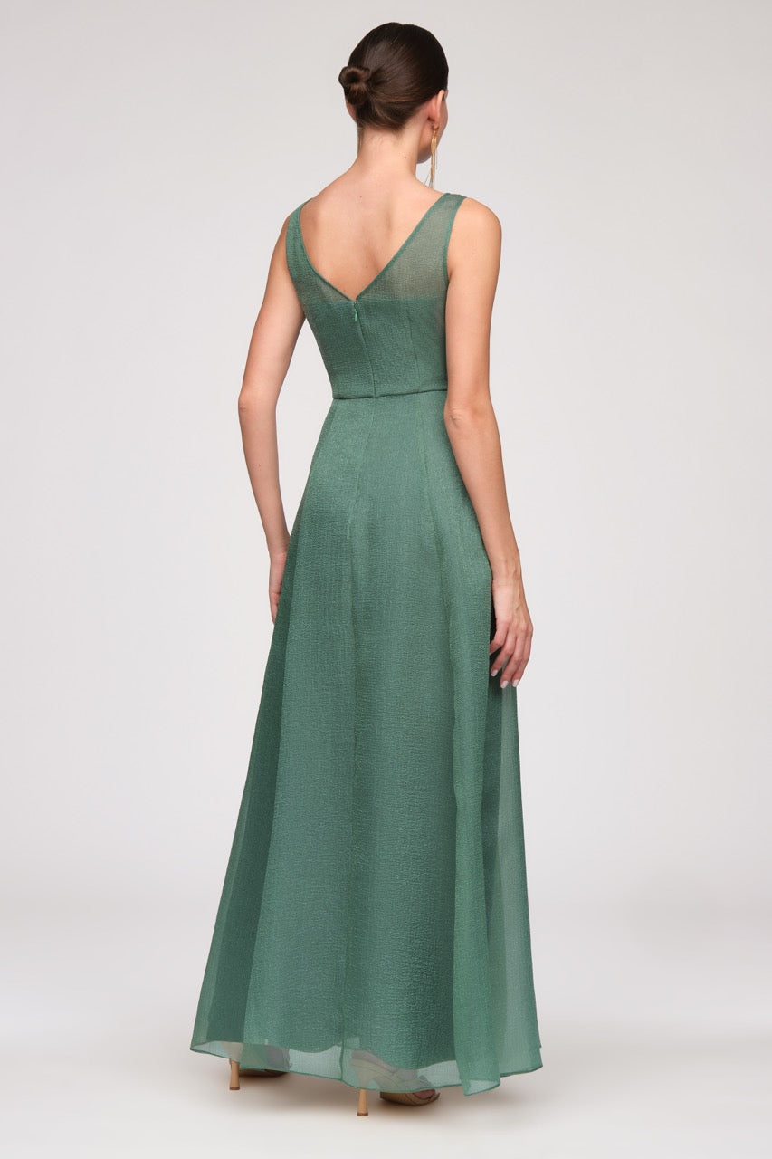 petite floor length formal dresses Alex Evenings Petite Long Sleeveless Ombre Glitter Mesh Dress with Cowl Neckline and Cascade Detail Skirt WINE MULTI / 14P main image 0