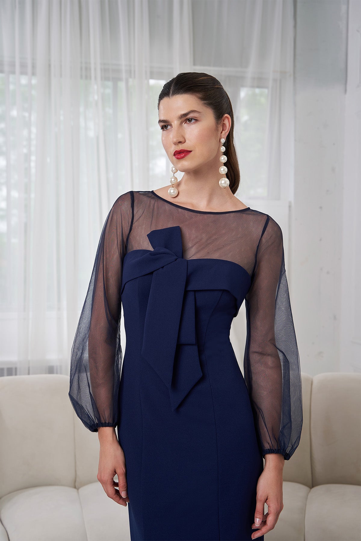 maia bow long sleeve sheath dress Maia cream in long sleeves
