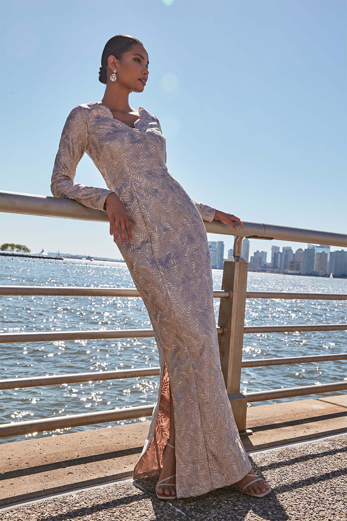 JS Collections - Sonia Scallop Column Gown in Silver