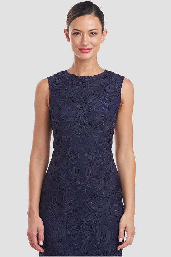 JS COLLECTION Womens Navy Zippered Soutache Embroidered Two Tone Sleeveless V Neck Full-Length Evening Shift Dress