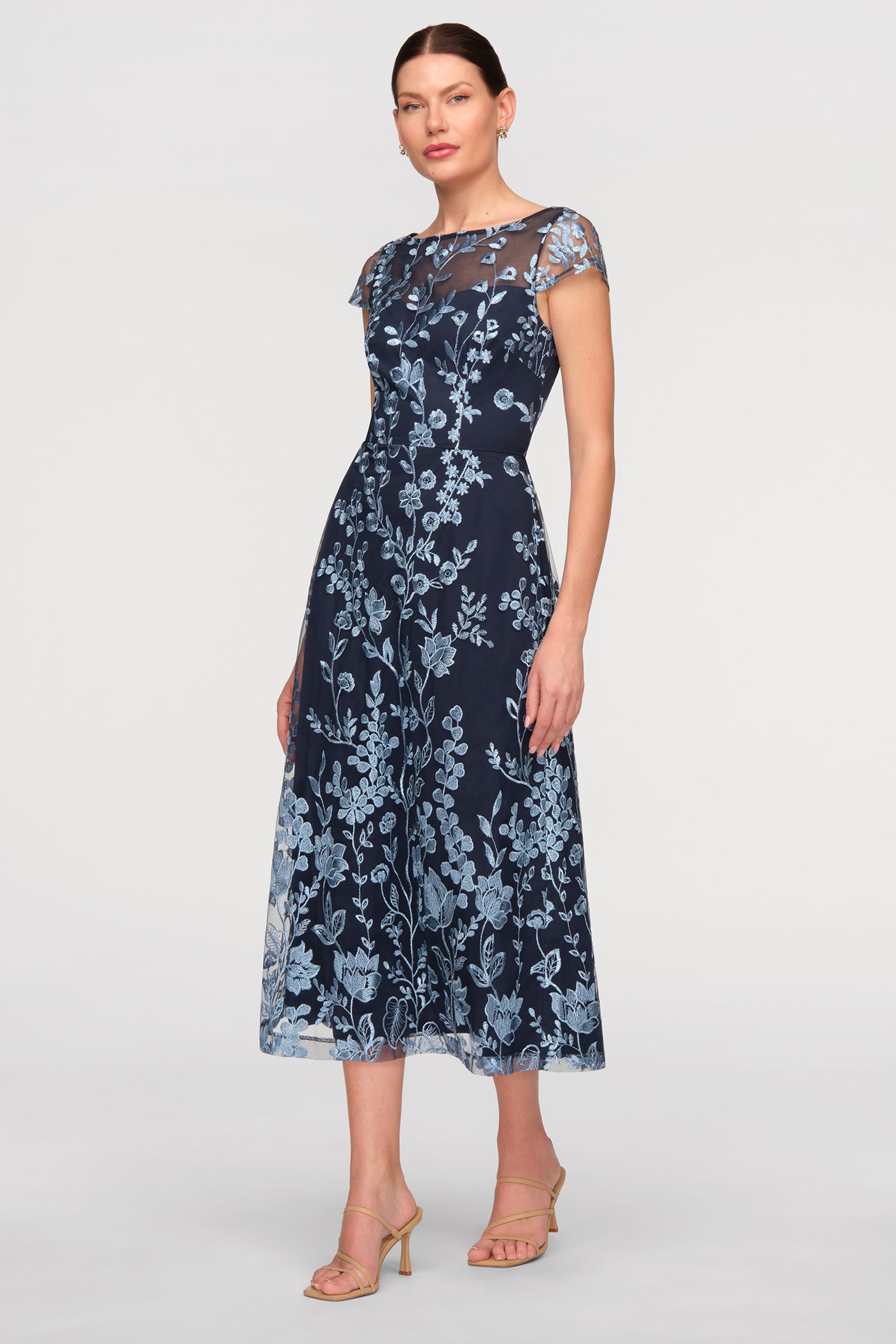 tea length floral formal dresses Zapaka Women Blue Tea Length Prom Dress A Line Spaghetti Straps Formal Dress with 3D Flowers, Blue / US24W main image 0
