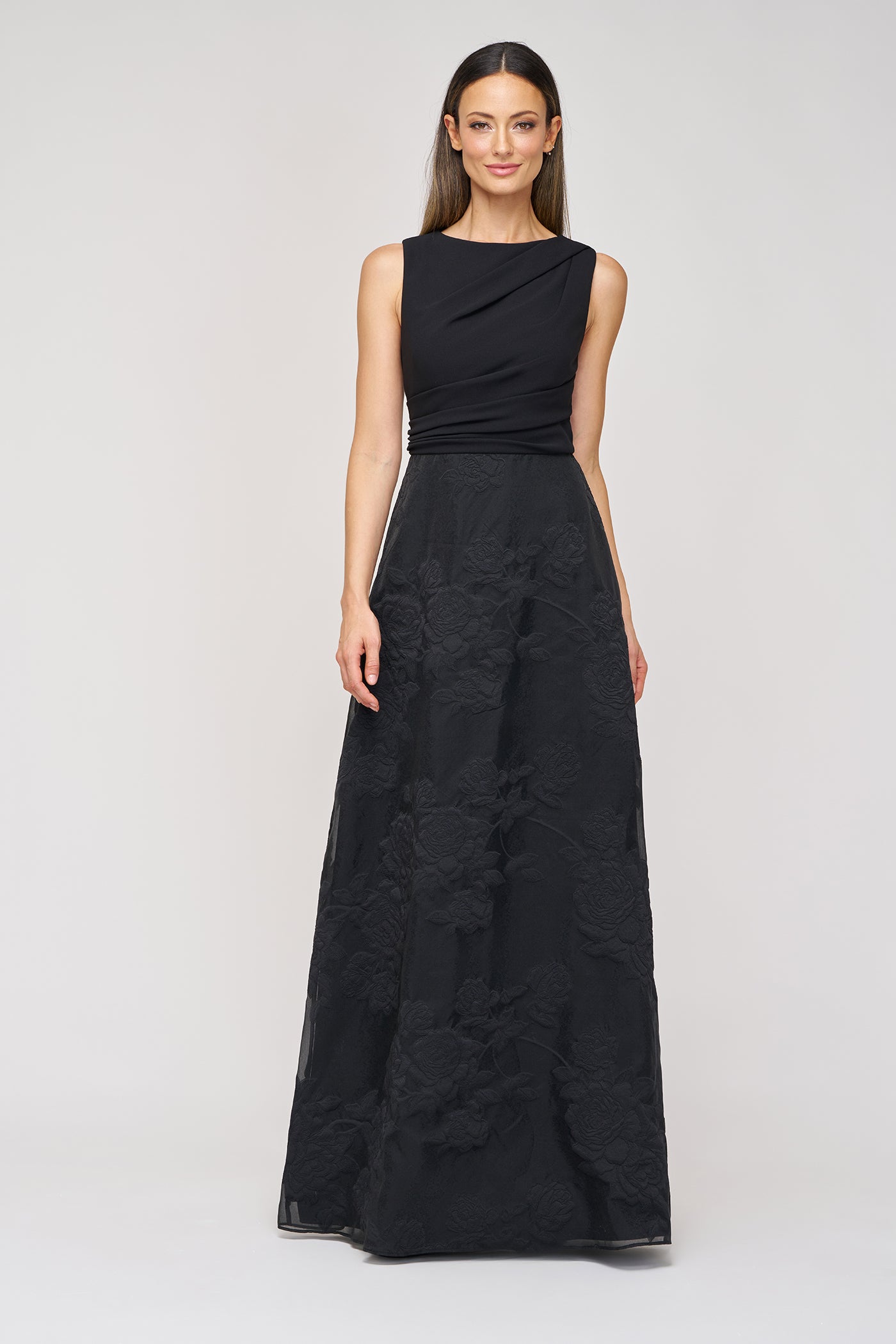 js collection formal dresses JS Collections Women Maxi Dress 4P Black A Line Pleated Bodice 3/4 Sleeve Formal