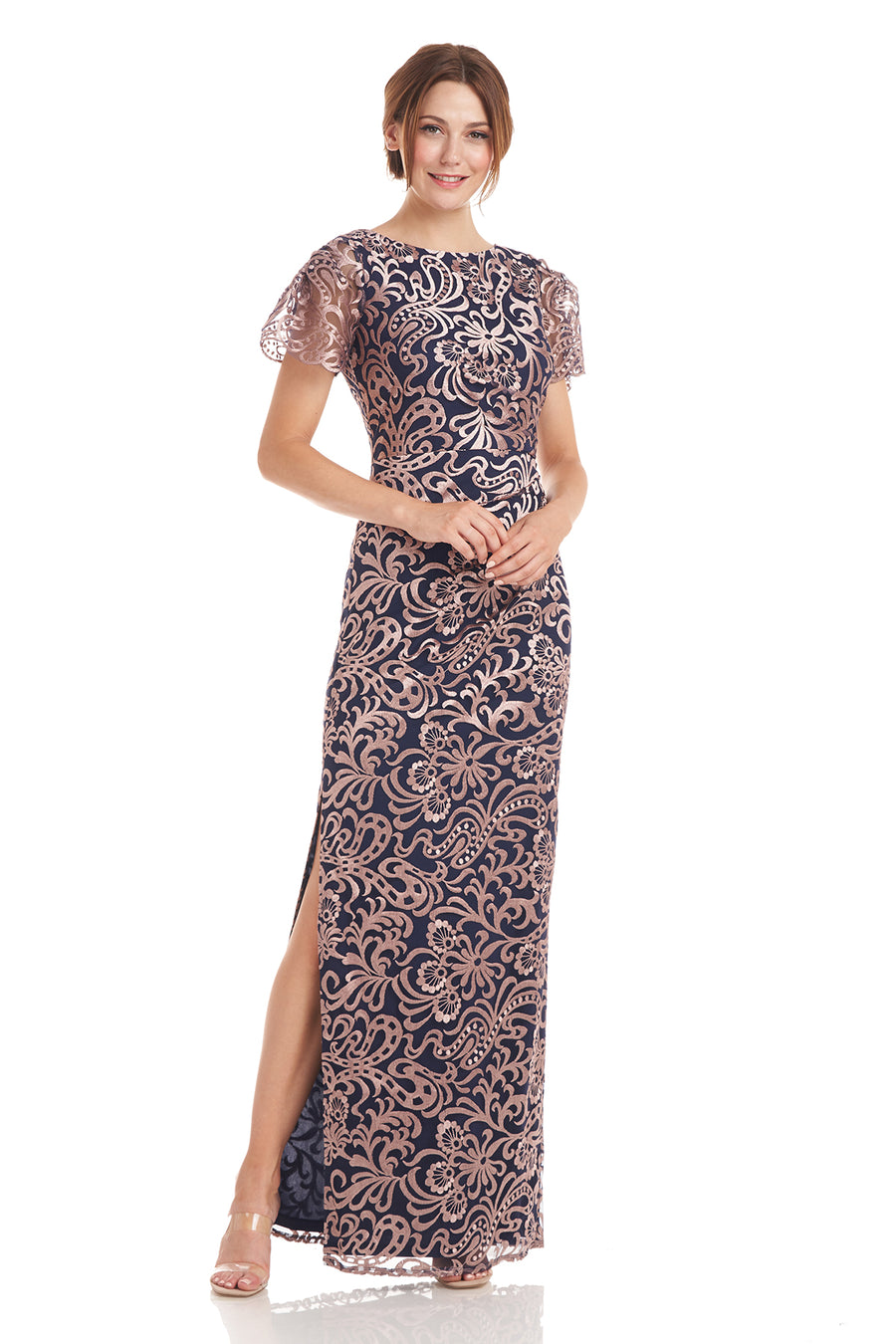 Embroidered Mesh Flutter Gown