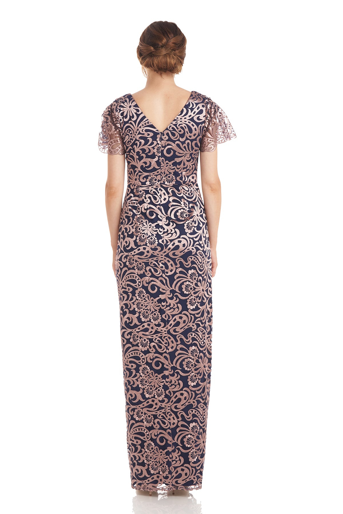 Embroidered Mesh Flutter Gown