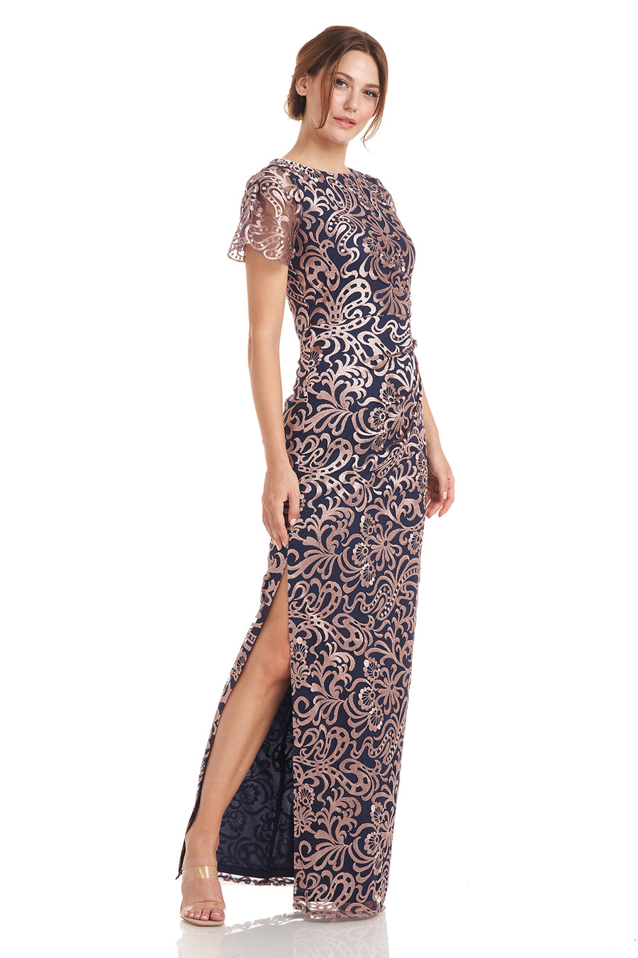 Embroidered Mesh Flutter Gown