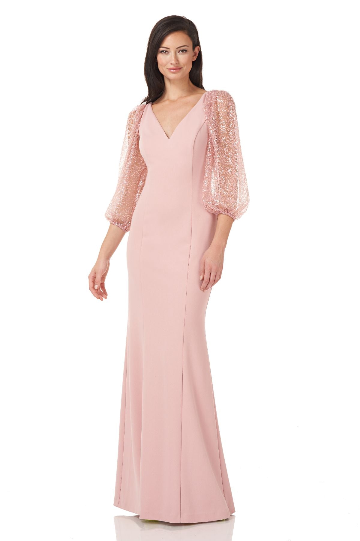 Beaded Sleeve Crepe Gown