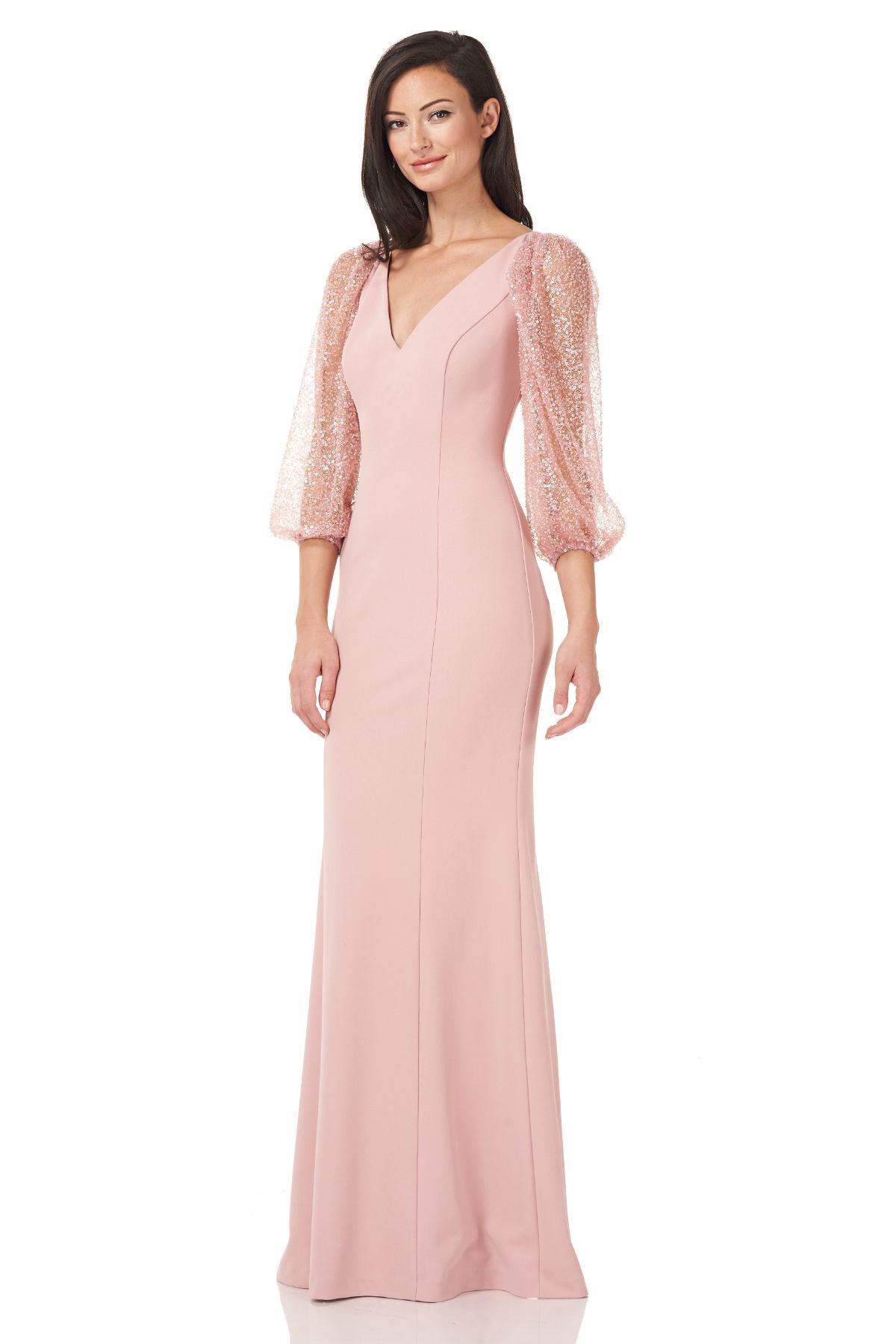 Beaded Sleeve Crepe Gown