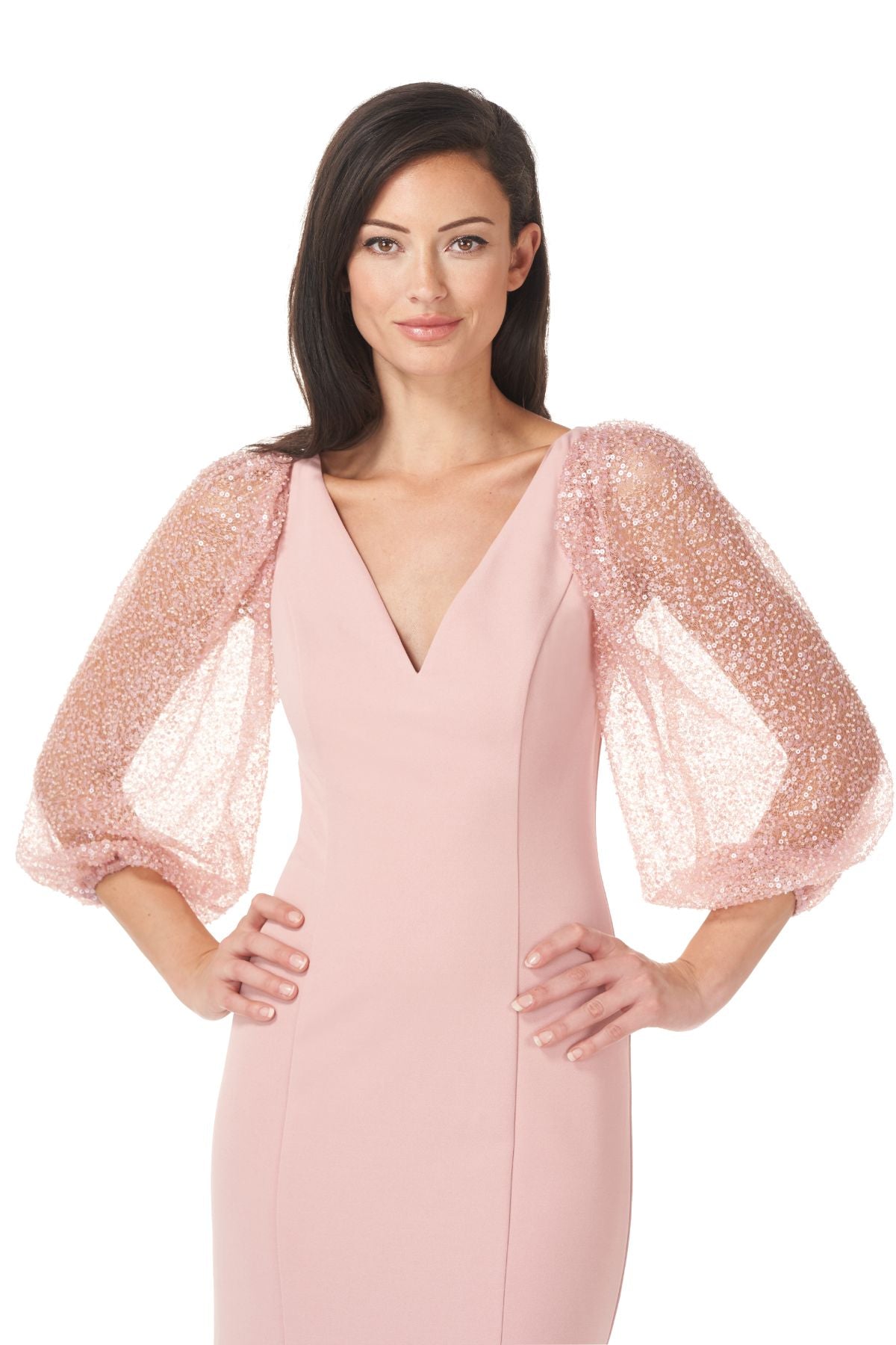 Beaded Sleeve Crepe Gown