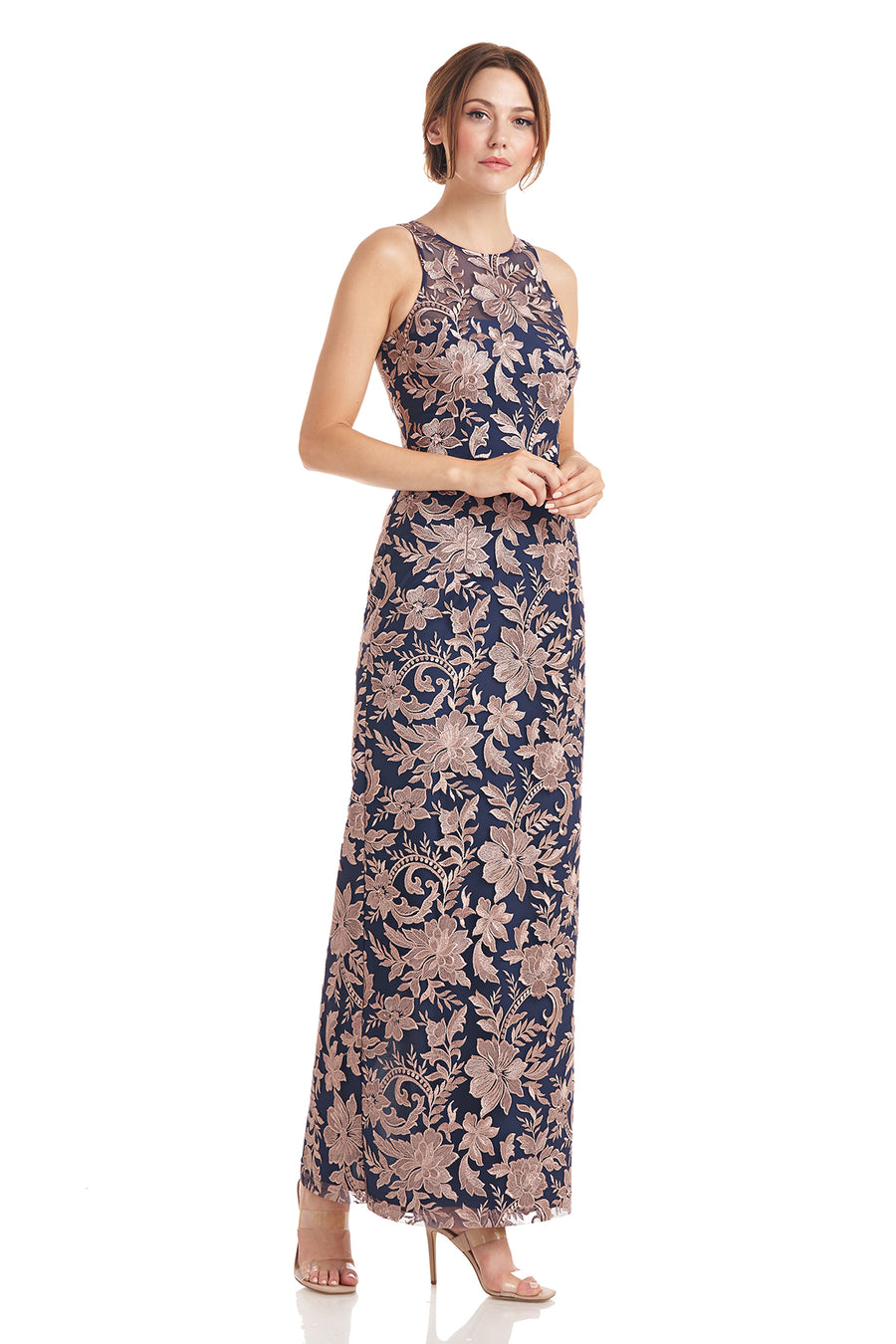 Embroidered Halter Gown
