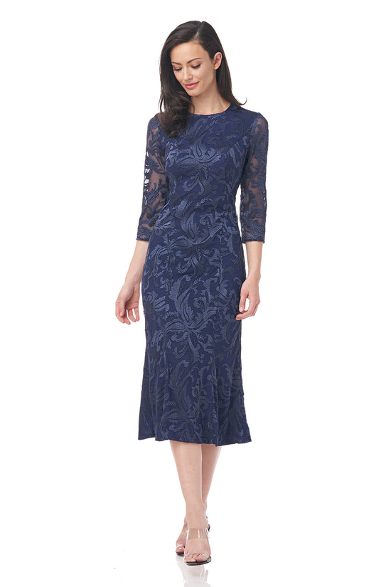 J.S. COLLECTION - Cecily T-Length Dress - Navy/Navy – JS Collections