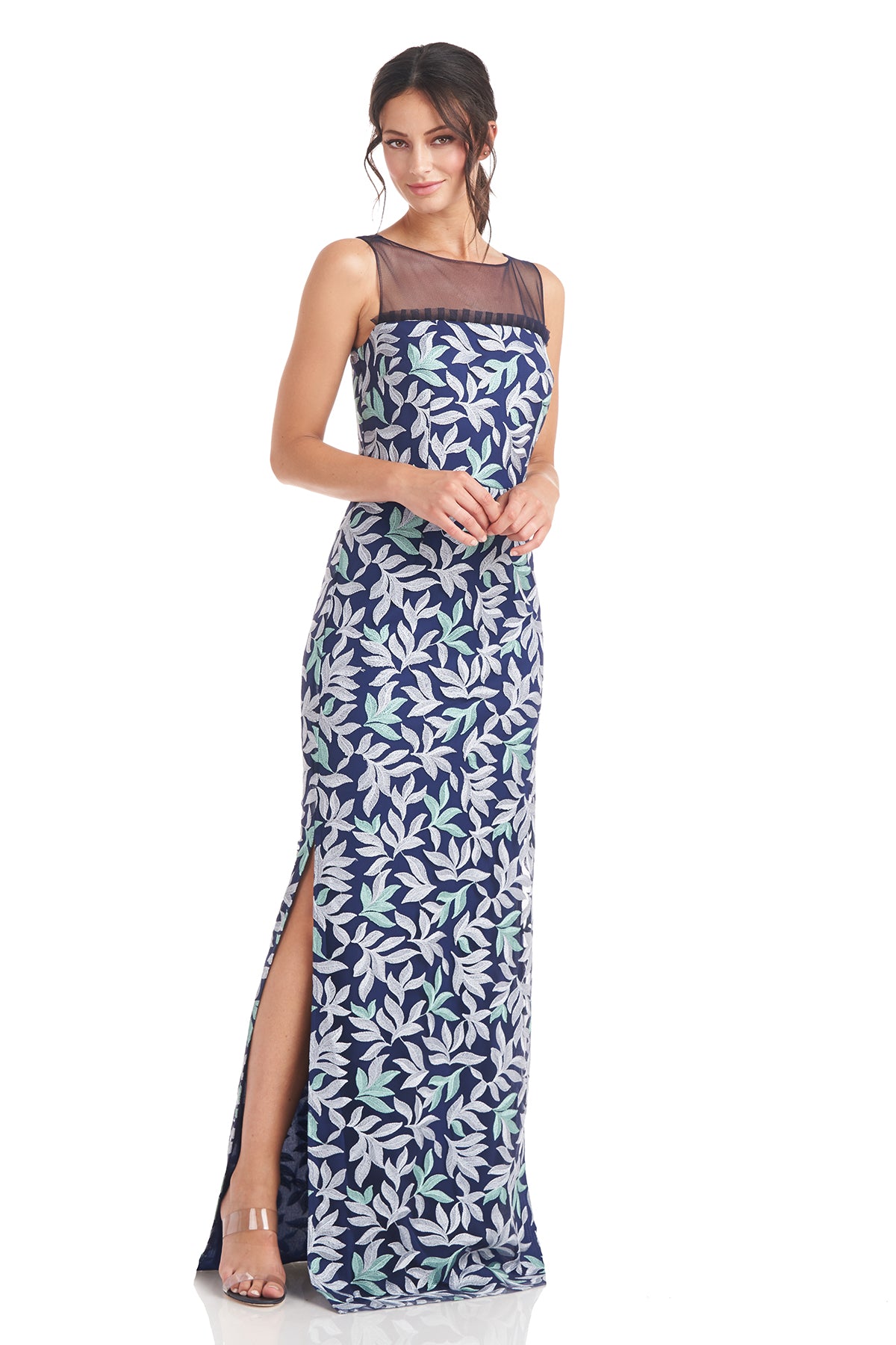 JS Collections Women's Logan Illusion Column Gown - Sparkling Sequin Bodice, Stretch Crepe, Floor-Length Formal Dress With Slit