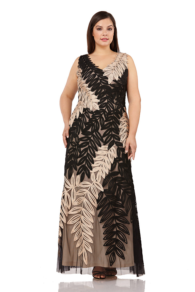Leaf Embroidered V Neck Gown Curve
