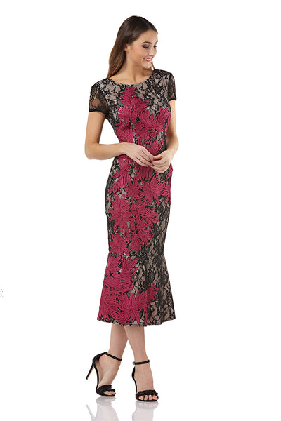 js collections soutache lace midi dress JS Collections Violette Soutache Mesh 3/4 Sleeve Square Neck Sheath Midi Dress
