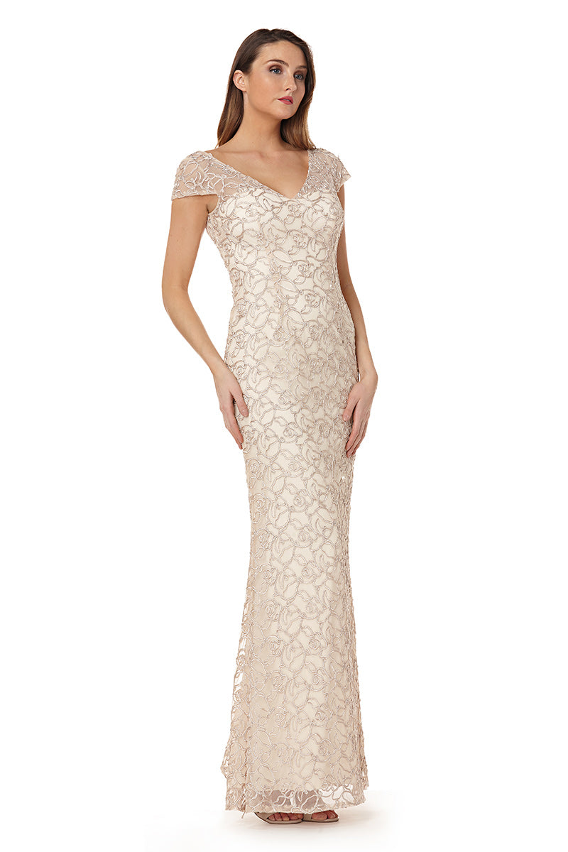 Illusion V Neck Cap Sleeve Gown