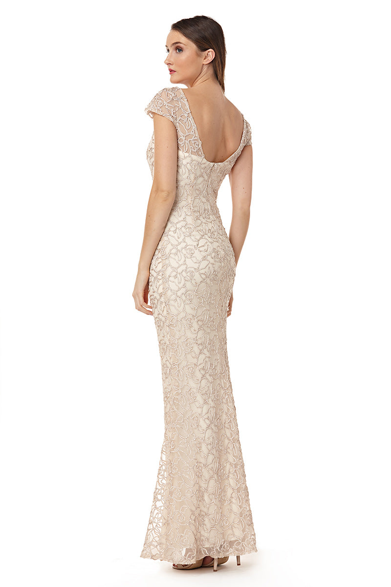 Illusion V Neck Cap Sleeve Gown