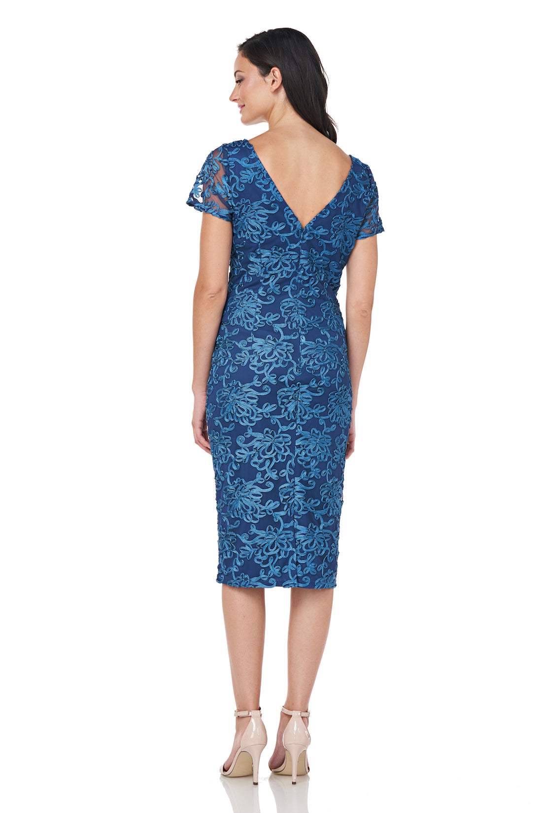 JS COLLECTION Womens Navy Zippered Soutache Embroidered Two Tone Sleeveless V Neck Full-Length Evening Shift Dress main image 1
